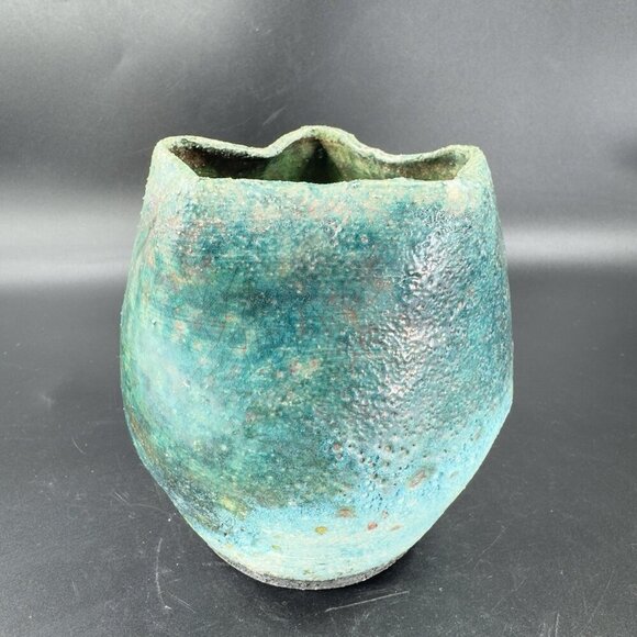 Vintage Raku Studio Art Pottery Vase Bowl Wavy Star Top Green Shiny Glaze Signed - Picture 13 of 14